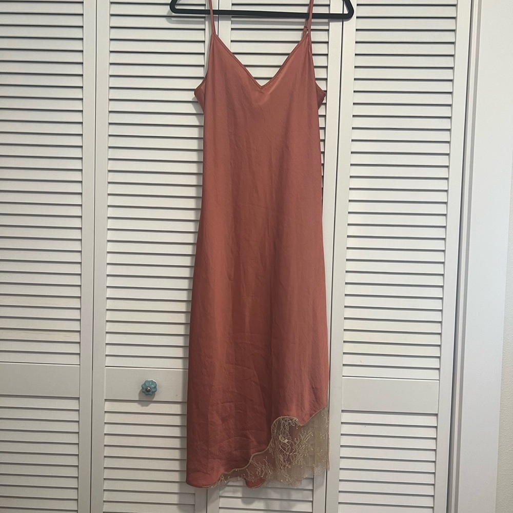 Pink with gold lace trim Wilfred slip dress from Aritzia